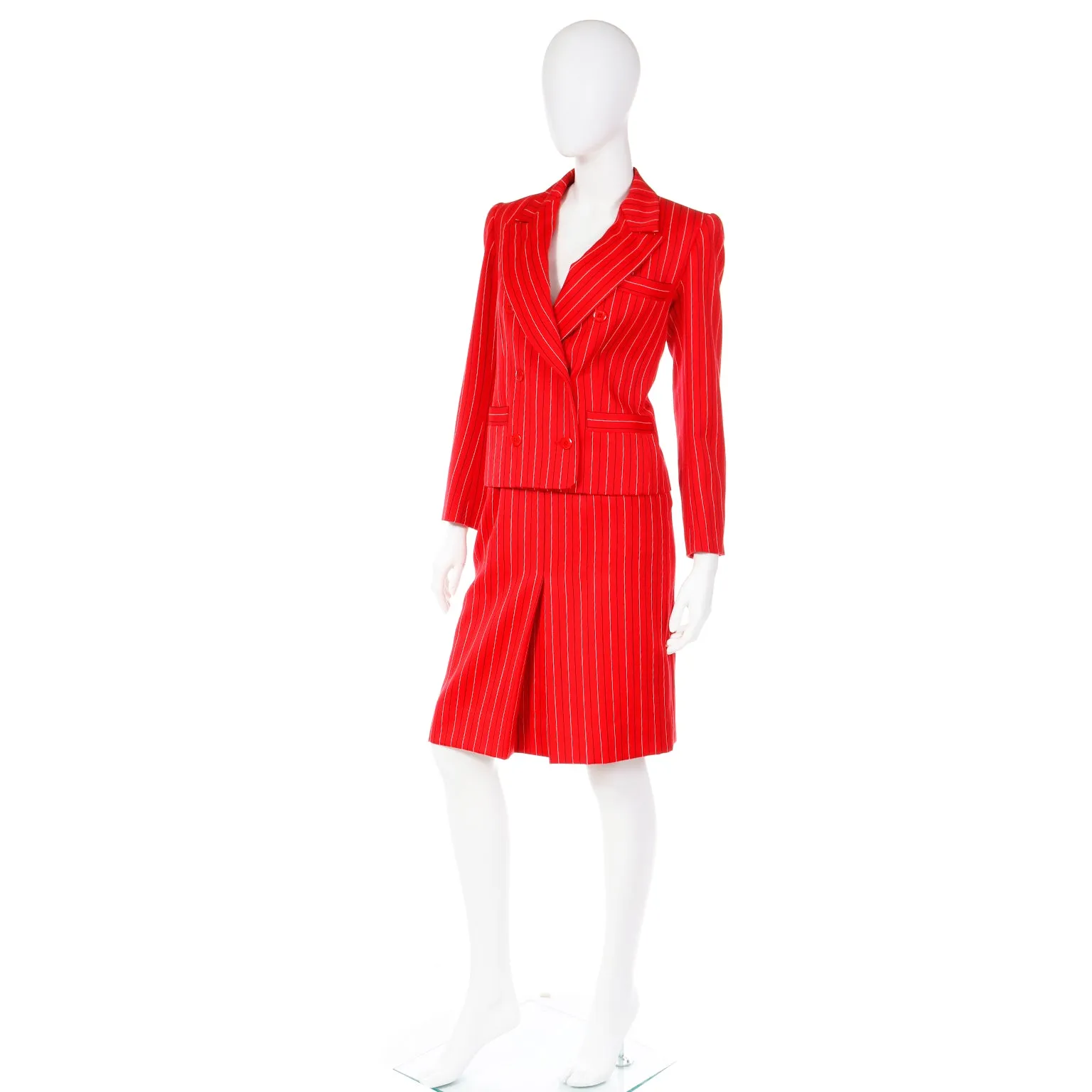 1980s Yves Saint Laurent Red & Navy Pinstriped Skirt & Jacket Suit