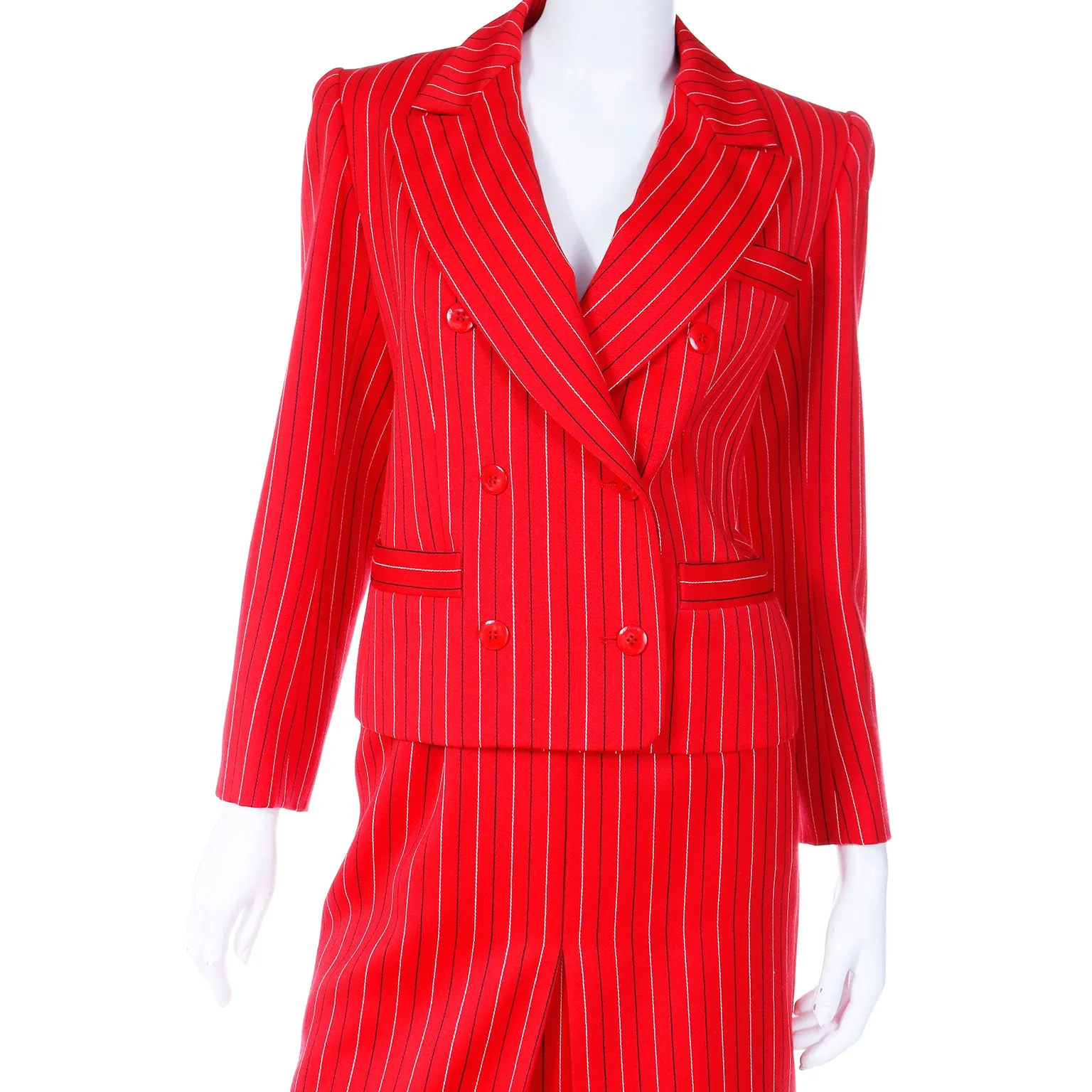 1980s Yves Saint Laurent Red & Navy Pinstriped Skirt & Jacket Suit