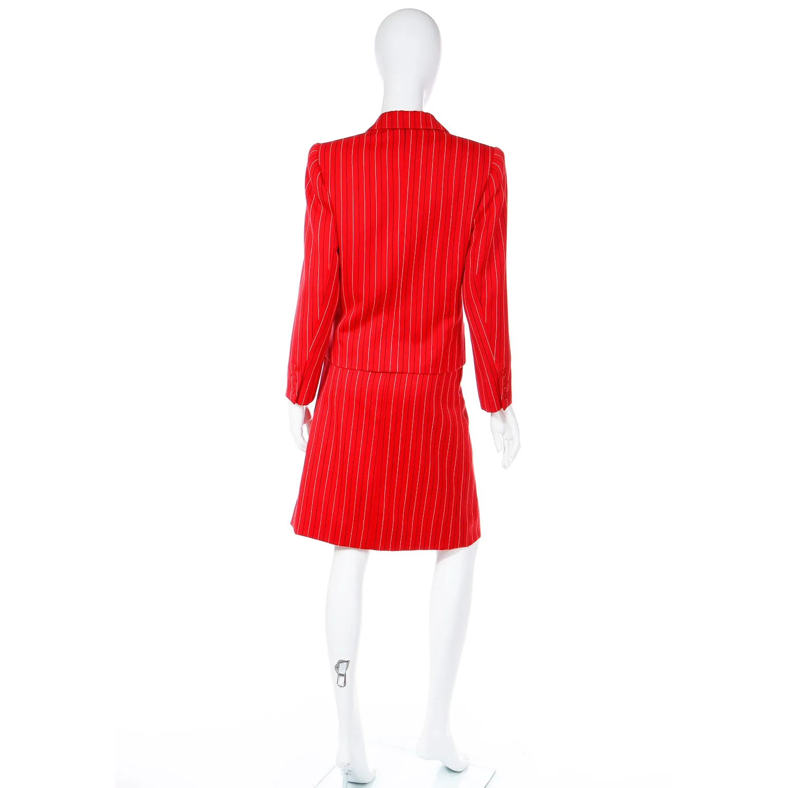 1980s Yves Saint Laurent Red & Navy Pinstriped Skirt & Jacket Suit