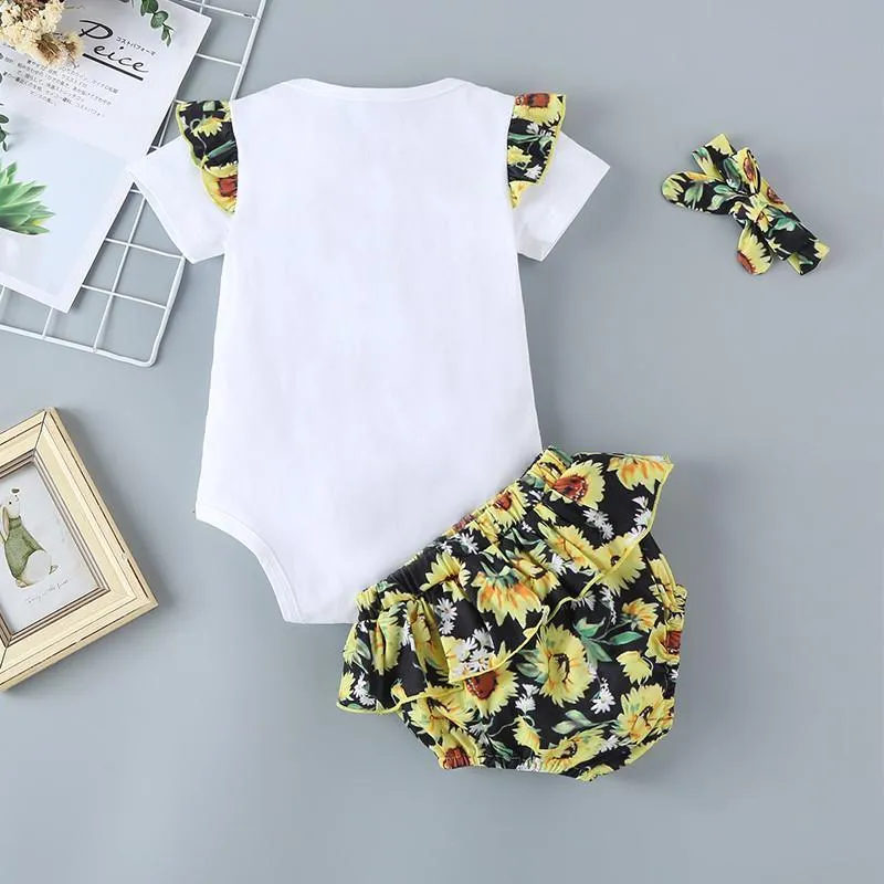 3-piece Floral Printed Bodysuit & Shorts & Headband for Baby Girl Wholesale children's clothing