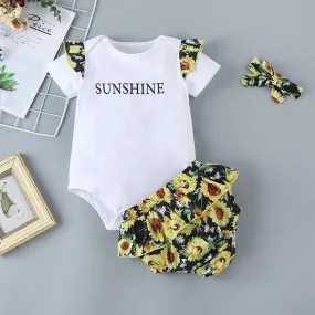 3-piece Floral Printed Bodysuit & Shorts & Headband for Baby Girl Wholesale children's clothing