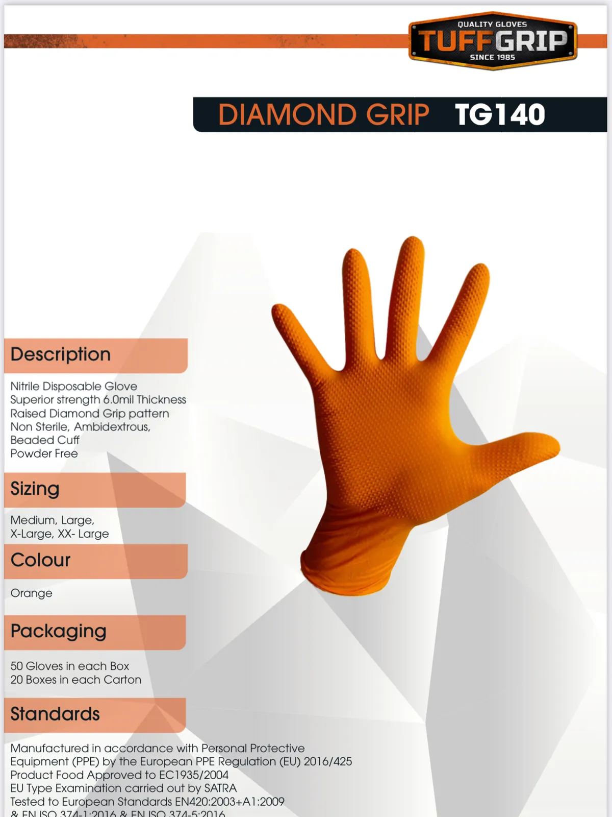 50 TUFFGRIP TG140 ORANGE NITRILE DISPOSABLE GLOVES RAISED DIAMOND GRIP