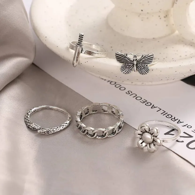 6Pcs Vintage Gothic Butterfly Finger Rings