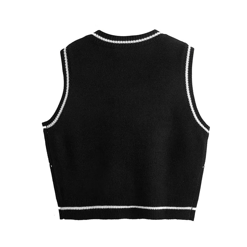 Aidase Y2K Gothic Knit Sweater Vest Skull Argyle Print Pattern Knitwear V-neck Pullover Fashion Jumper Top Women Halloween Streetwear