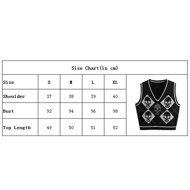 Aidase Y2K Gothic Knit Sweater Vest Skull Argyle Print Pattern Knitwear V-neck Pullover Fashion Jumper Top Women Halloween Streetwear