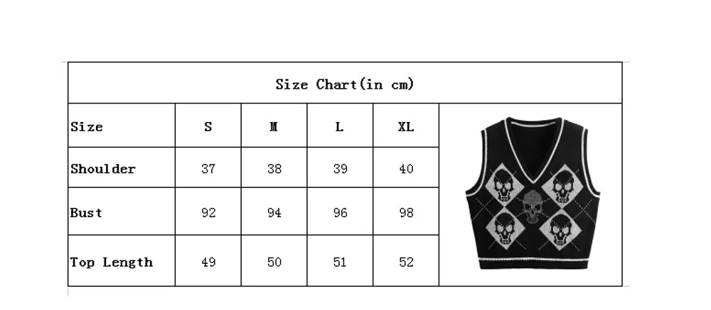 Aidase Y2K Gothic Knit Sweater Vest Skull Argyle Print Pattern Knitwear V-neck Pullover Fashion Jumper Top Women Halloween Streetwear