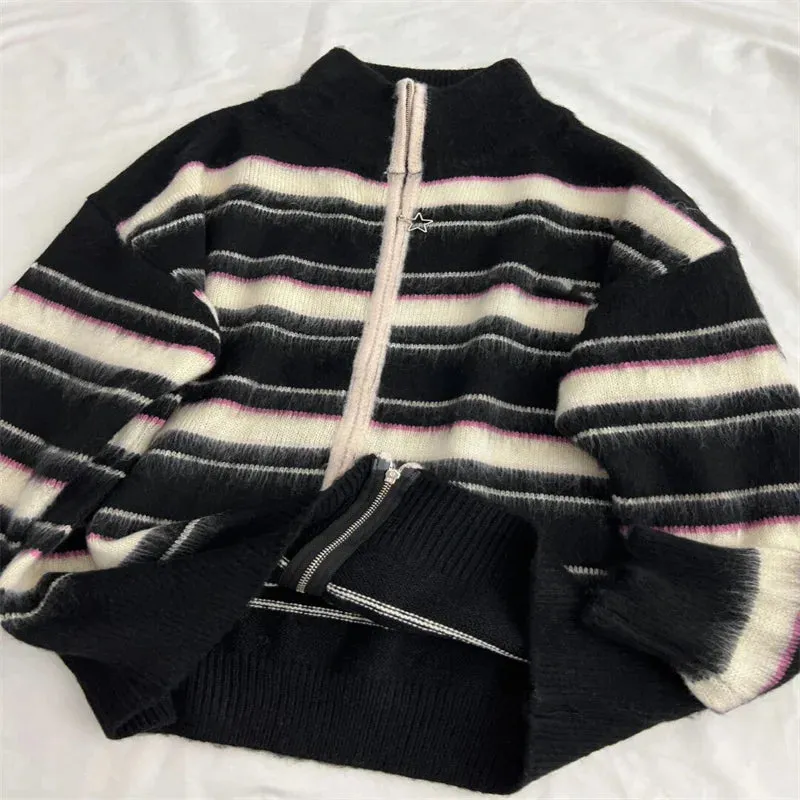 Aiertu Women Black Gothic Striped Cardigan Knit Two-tone Sweater 90s Harajuku Korean Vintage Long Sleeve Jumper Sweaters 2000s Clothes