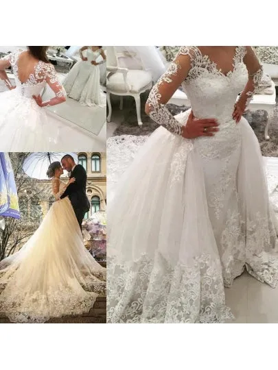 Appliques Watteau Train Wedding Dress