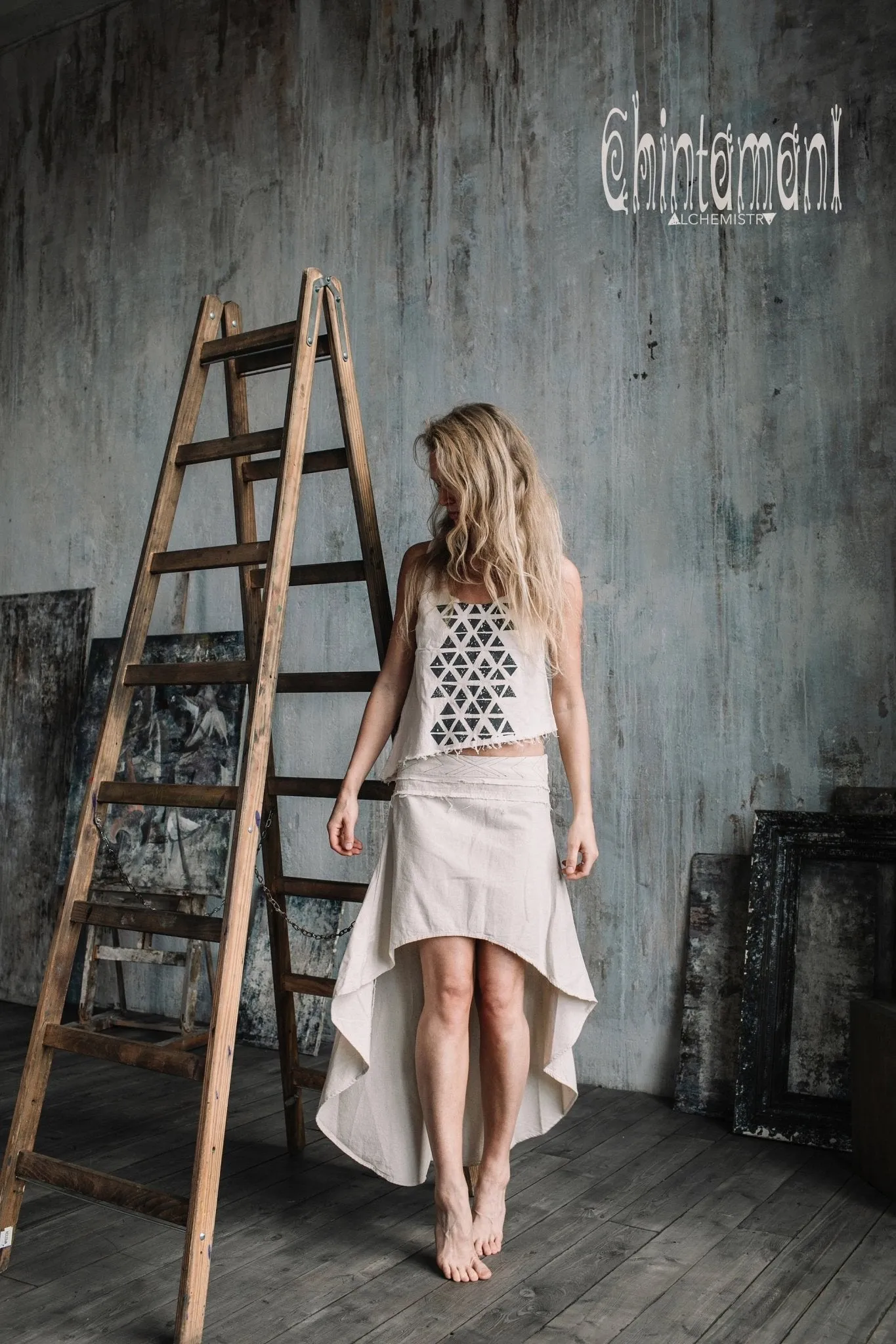 Asymmetric Raw Cotton Skirt with Navajo Pattern Stitches / Atua Tino / Off White