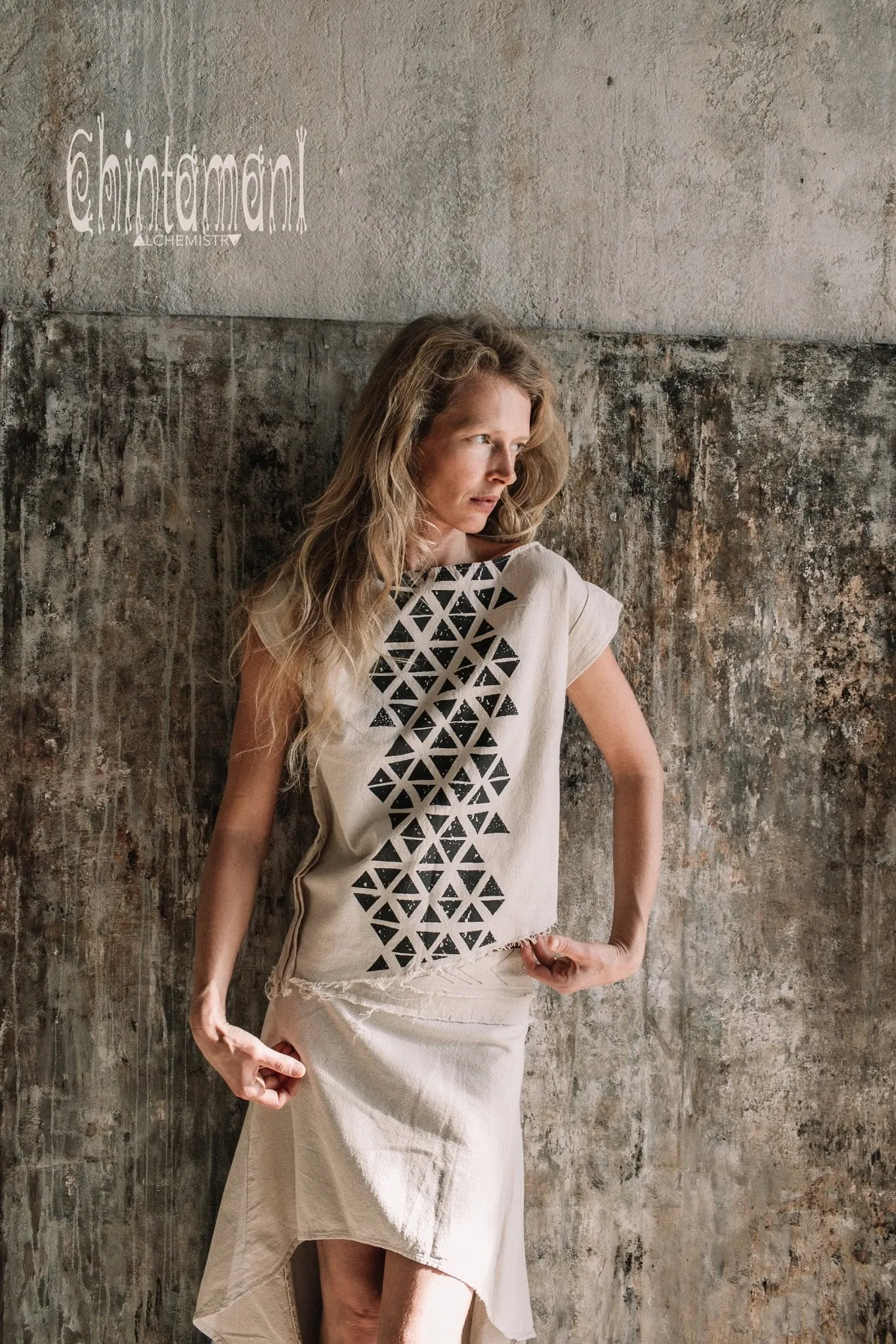 Asymmetric Raw Cotton Skirt with Navajo Pattern Stitches / Atua Tino / Off White