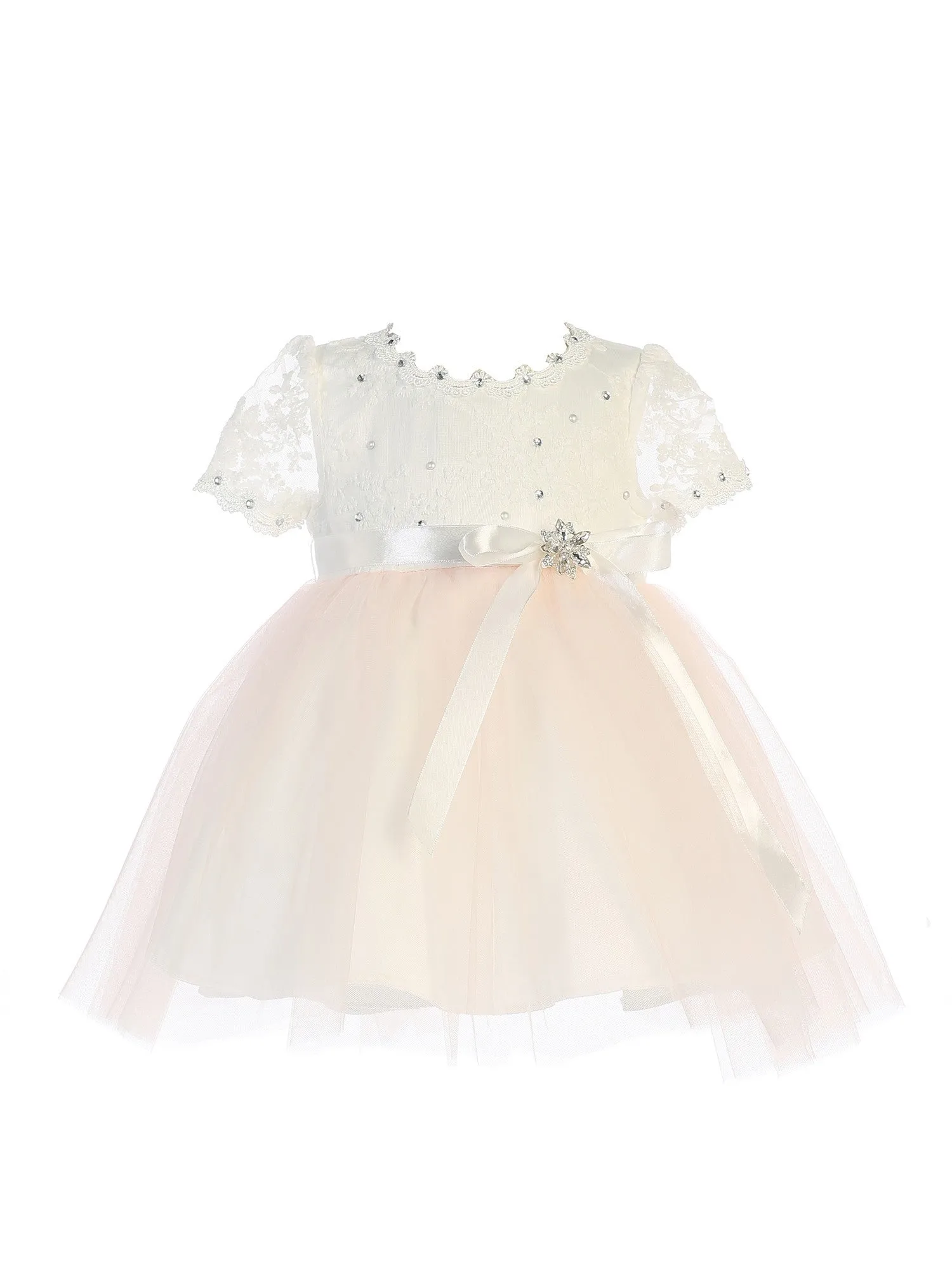 Baby Girls Blush Scallop Edge Neckline Brooch Tulle Flower Girl Dress 6-24M