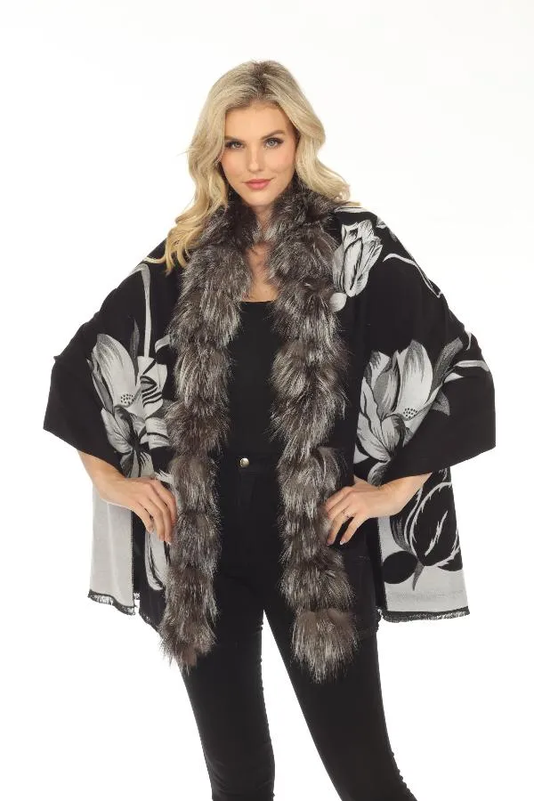 Belle Fare Real Silver Fox Trim Cashmere Blend Floral Wrap Cover-Up MS20