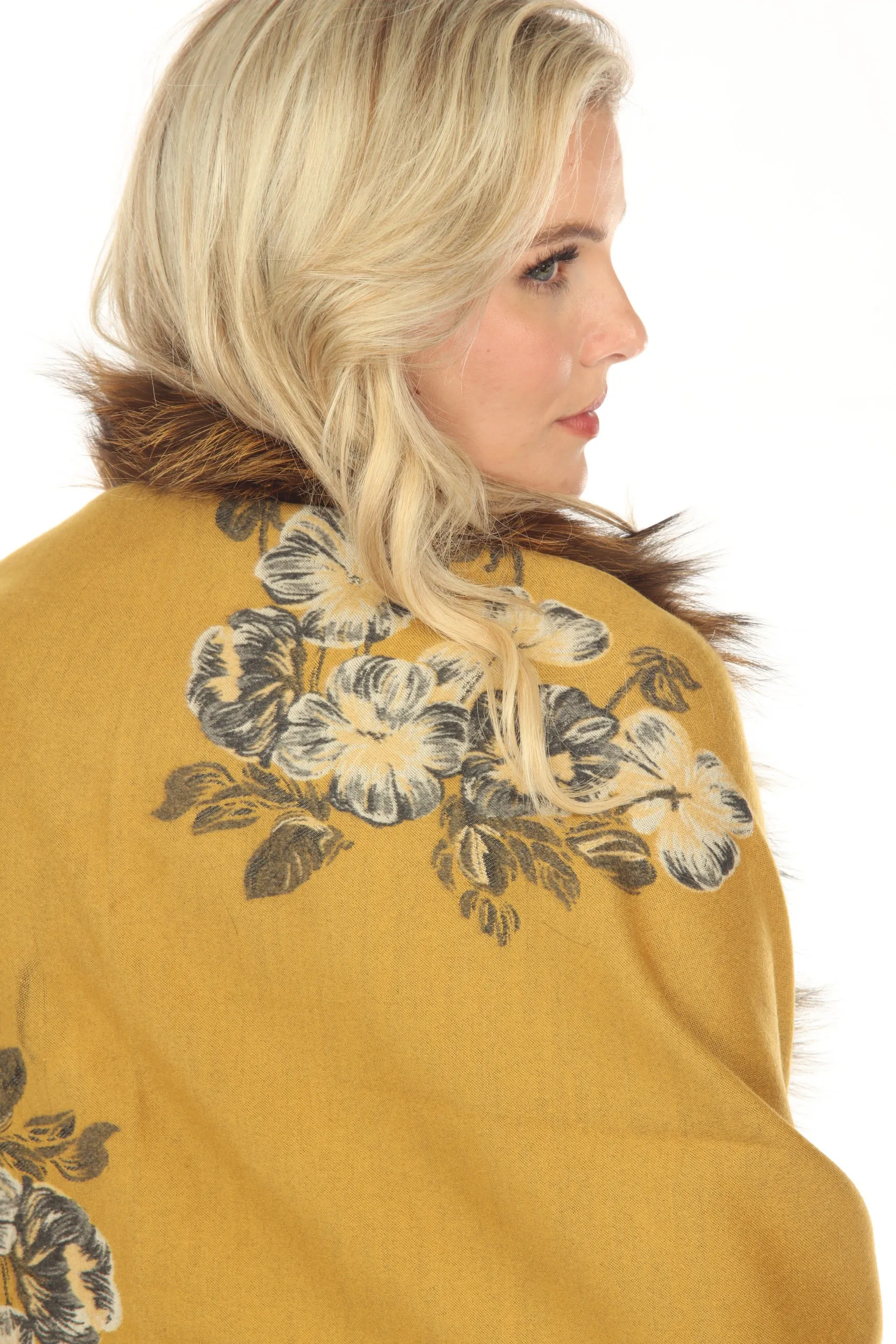 Belle Fare Real Silver Fox Trim Cashmere Blend Floral Wrap Cover-Up MS20