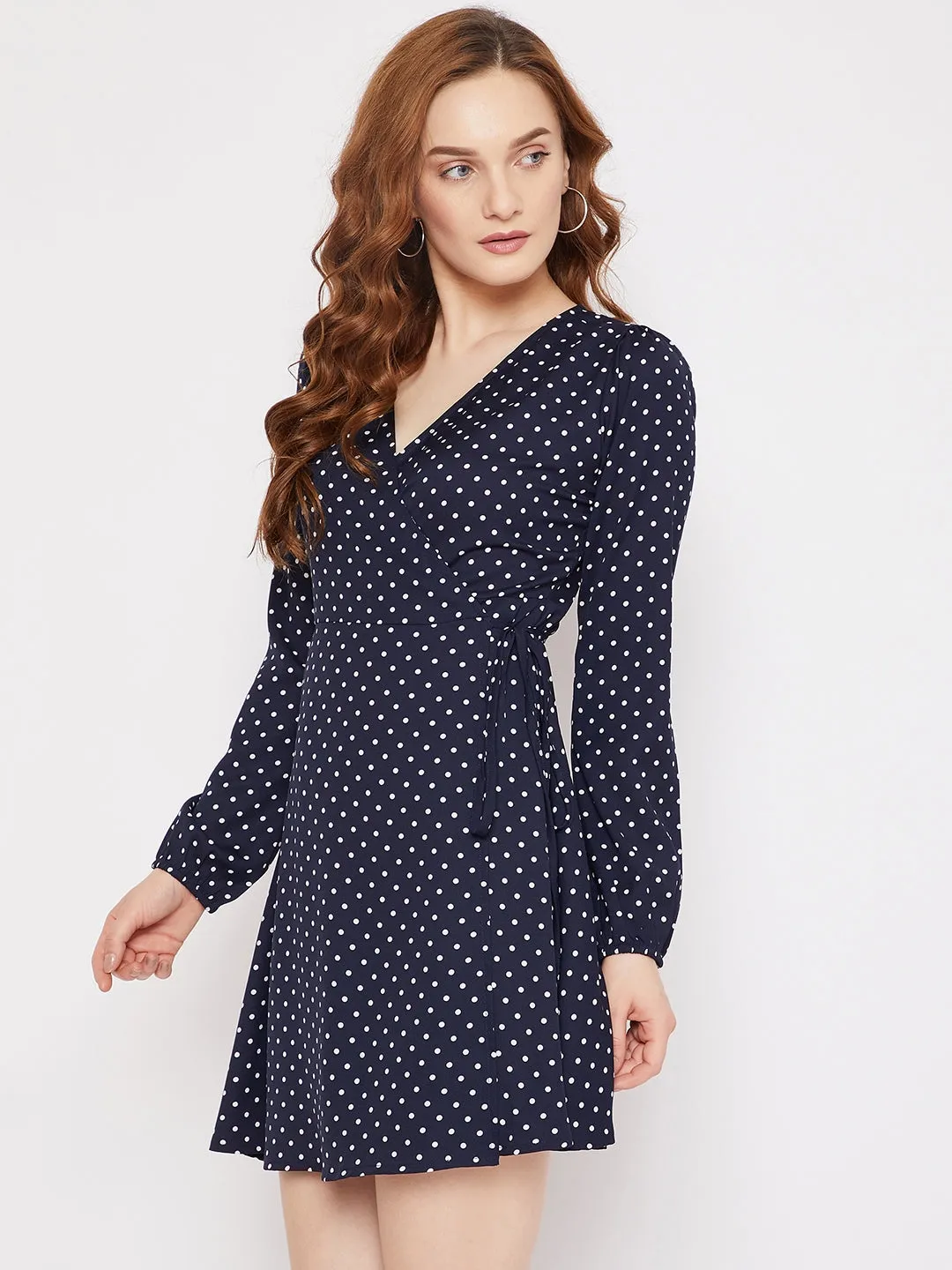 Berrylush Women Navy Blue Polka Dot Printed V-Neck Waist Tie-Up Fit & Flare Wrap Mini Dress