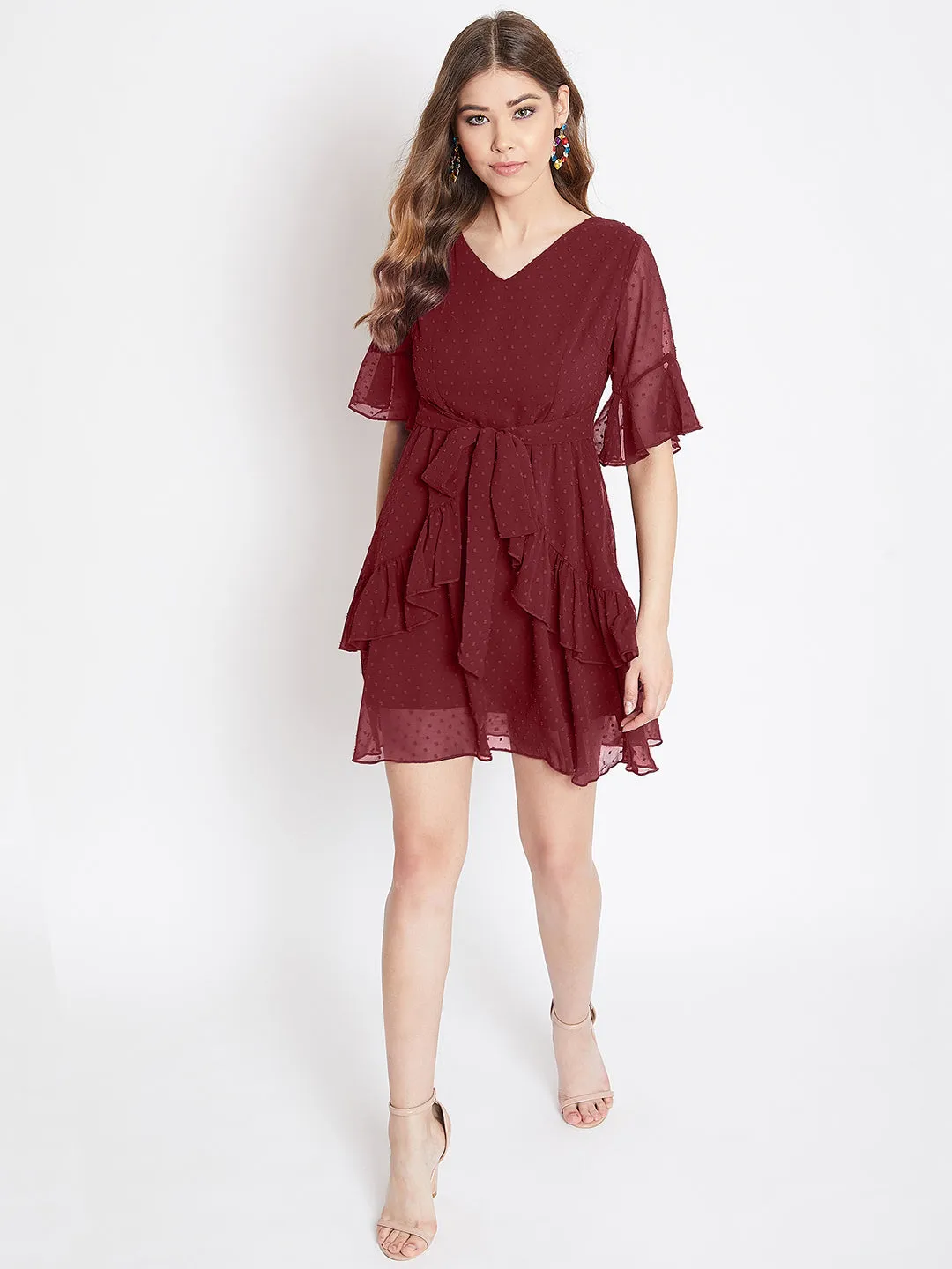 Berrylush Women Solid Maroon Self-Design Patterned V-Neck Layered Fit & Flare Mini Dress