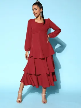 Berrylush Women Solid Red Sweetheart Neck Puff Sleeve Flounce Tiered A-Line Maxi Dress