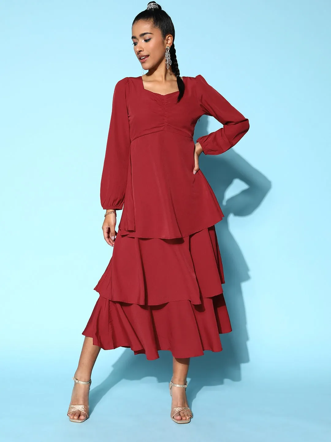 Berrylush Women Solid Red Sweetheart Neck Puff Sleeve Flounce Tiered A-Line Maxi Dress