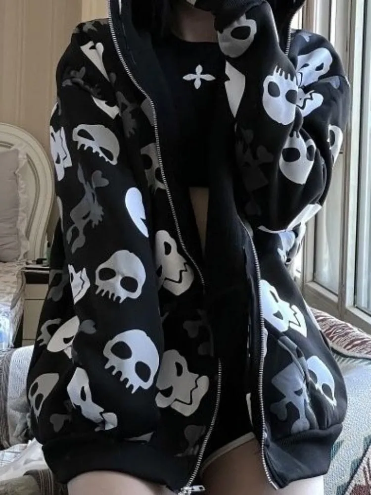 Black & Grey Skull Repeat Print Zip Up Hoodie