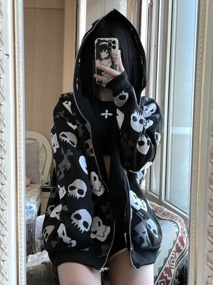 Black & Grey Skull Repeat Print Zip Up Hoodie