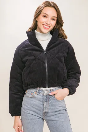 Black Corduroy Semi-Cropped Zip Up Jacket With Pockets