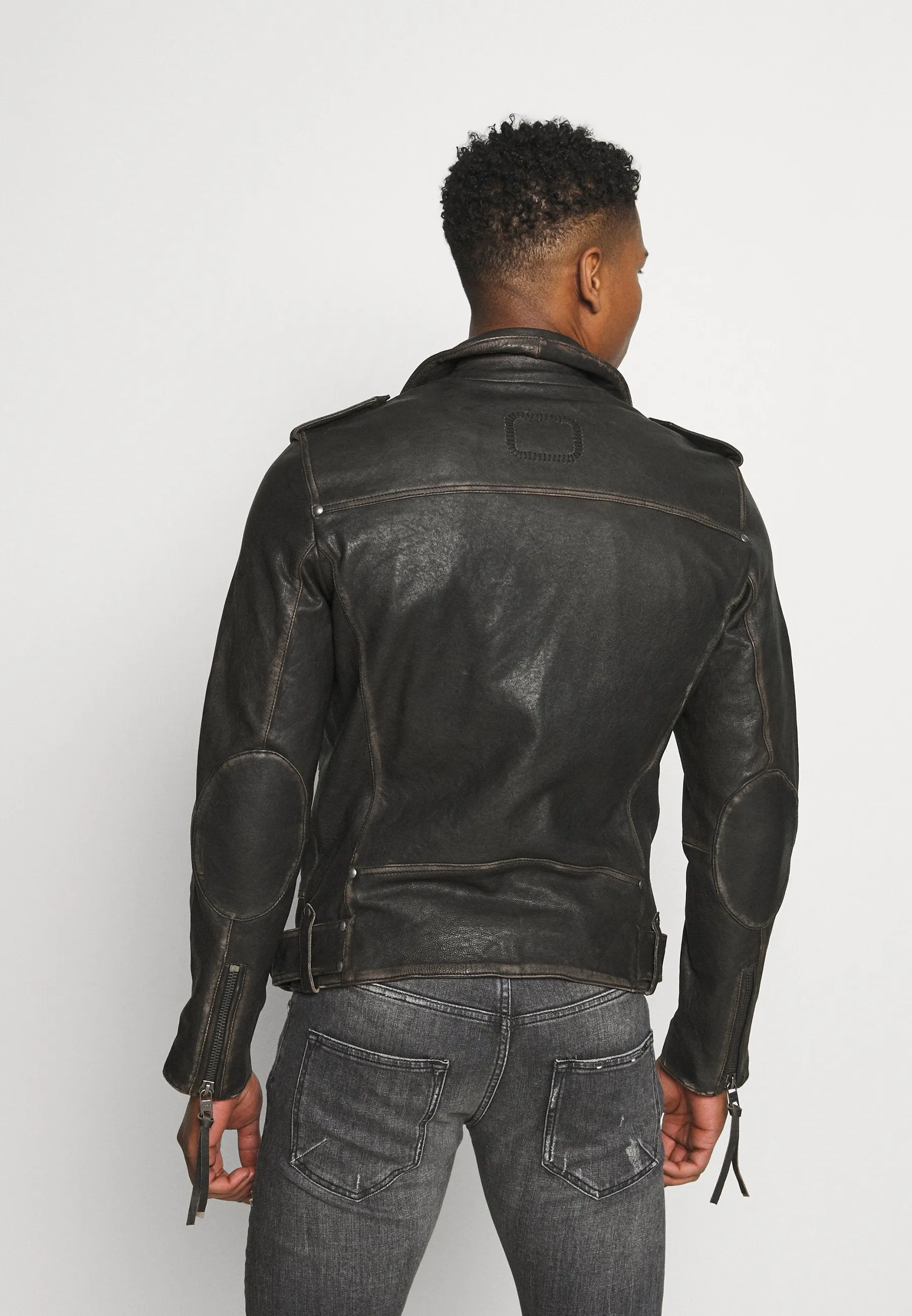 Black Leather Distressed Biker Jacket for Men