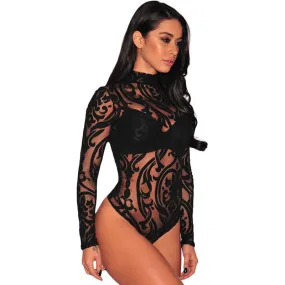 Black Long Sleeves Lace Sheer Bodysuit