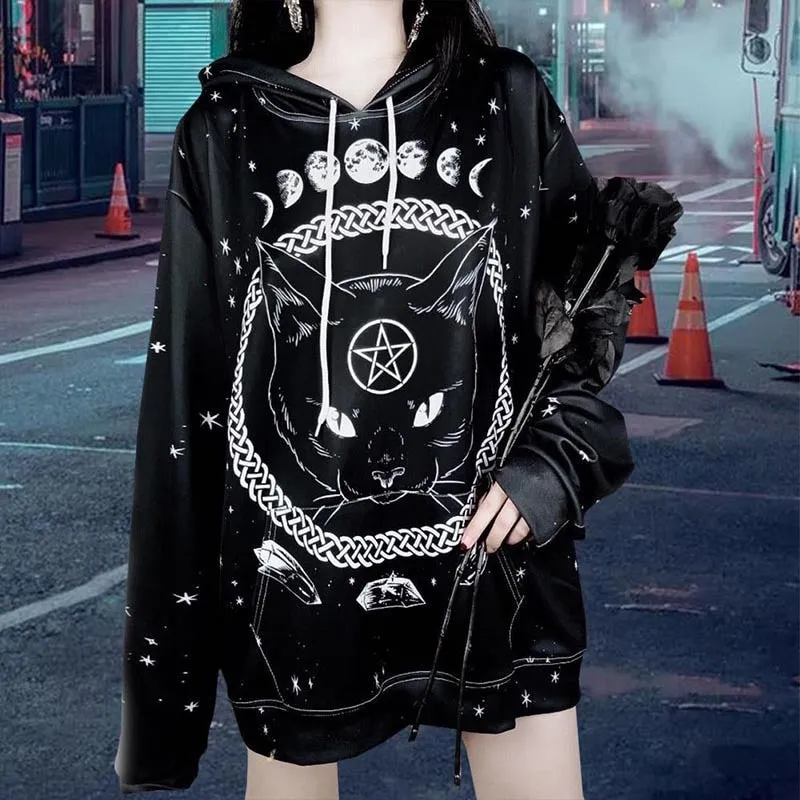 Black Pentagram Cat Moon Phases Hooded Sweater