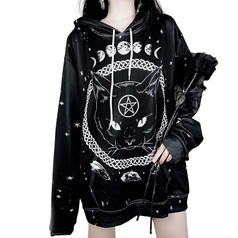 Black Pentagram Cat Moon Phases Hooded Sweater