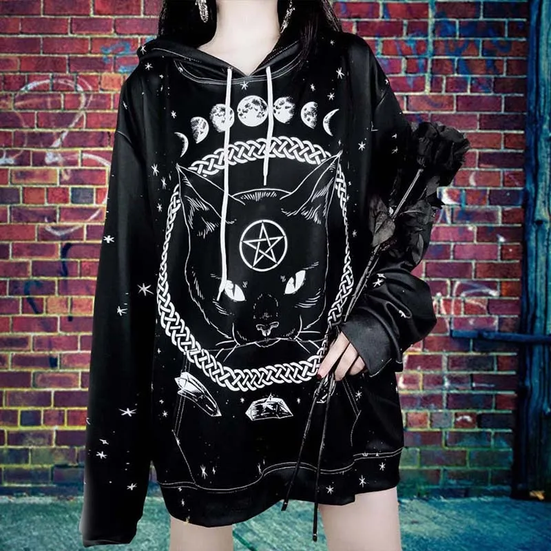 Black Pentagram Cat Moon Phases Hooded Sweater