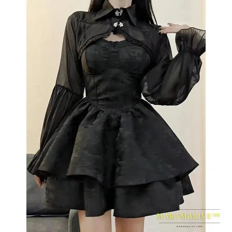 Black Sexy Lolita Dress Women Gothic Vintage Mini Dresses Halloween Cosplay Costumes Long Sleeve Fairy Dress Woman