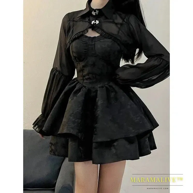 Black Sexy Lolita Dress Women Gothic Vintage Mini Dresses Halloween Cosplay Costumes Long Sleeve Fairy Dress Woman