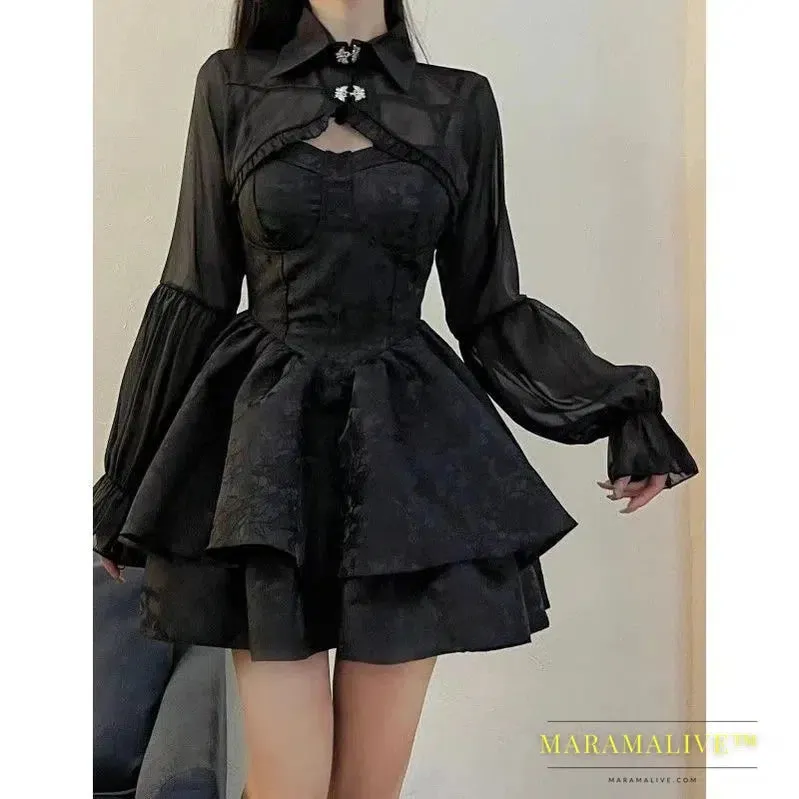 Black Sexy Lolita Dress Women Gothic Vintage Mini Dresses Halloween Cosplay Costumes Long Sleeve Fairy Dress Woman