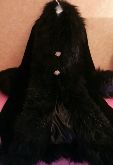 Black Velvet Satin & Faux Fur Reversible Gatsby Inspired Cocoon Maxi Coat