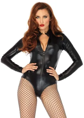 Black Wet Look Long Sleeved Bodysuit