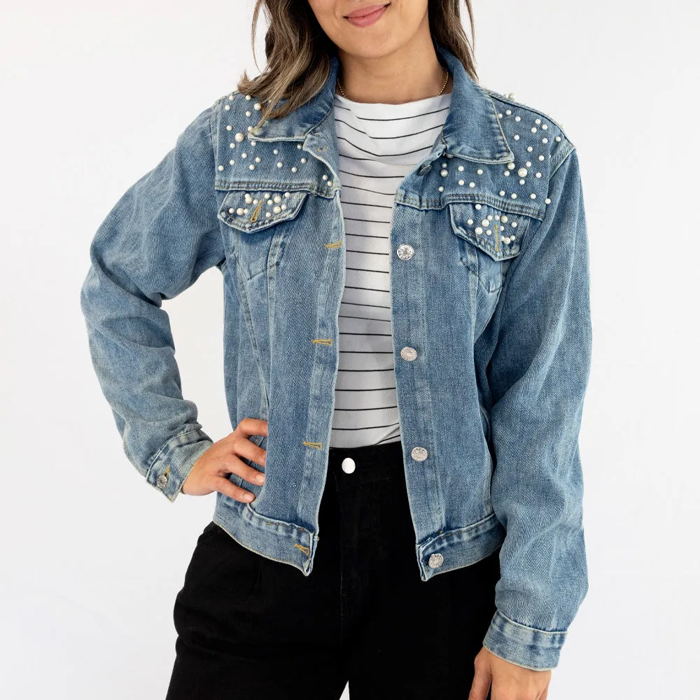 (Blue Pearl) Cute Custom Bride Pearl Denim Jacket