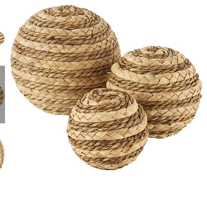 BROWN SEAGRASS HANDMADE BRAIDED DECORATIVE BALL ORBS & VASE FILLER, SET OF 3 6", 5", 4"H