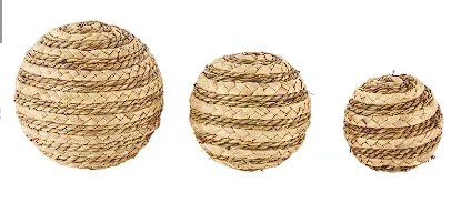 BROWN SEAGRASS HANDMADE BRAIDED DECORATIVE BALL ORBS & VASE FILLER, SET OF 3 6", 5", 4"H