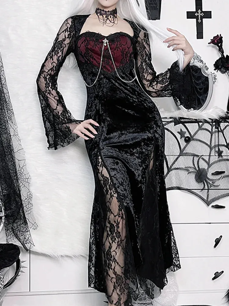 Chain Long Gothic Party Velvet High Slit Lace Tube Maxi Bodycon Dress