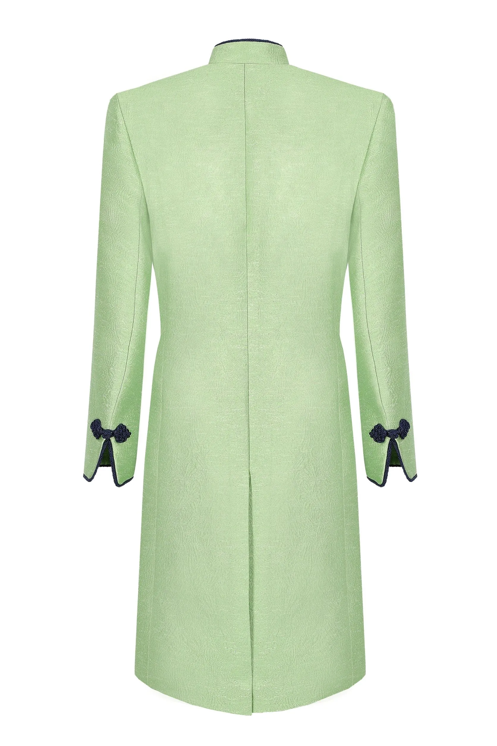 Chartreuse/Navy Dress Coat in Summer Brocade with Cord Trim and Frogging  - Vicky