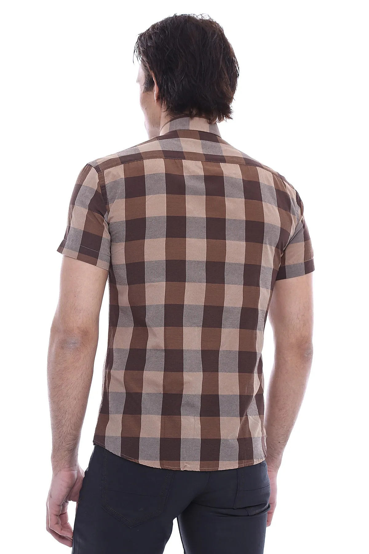 Checked Short Sleeve Brown Men Shirt - Wessi