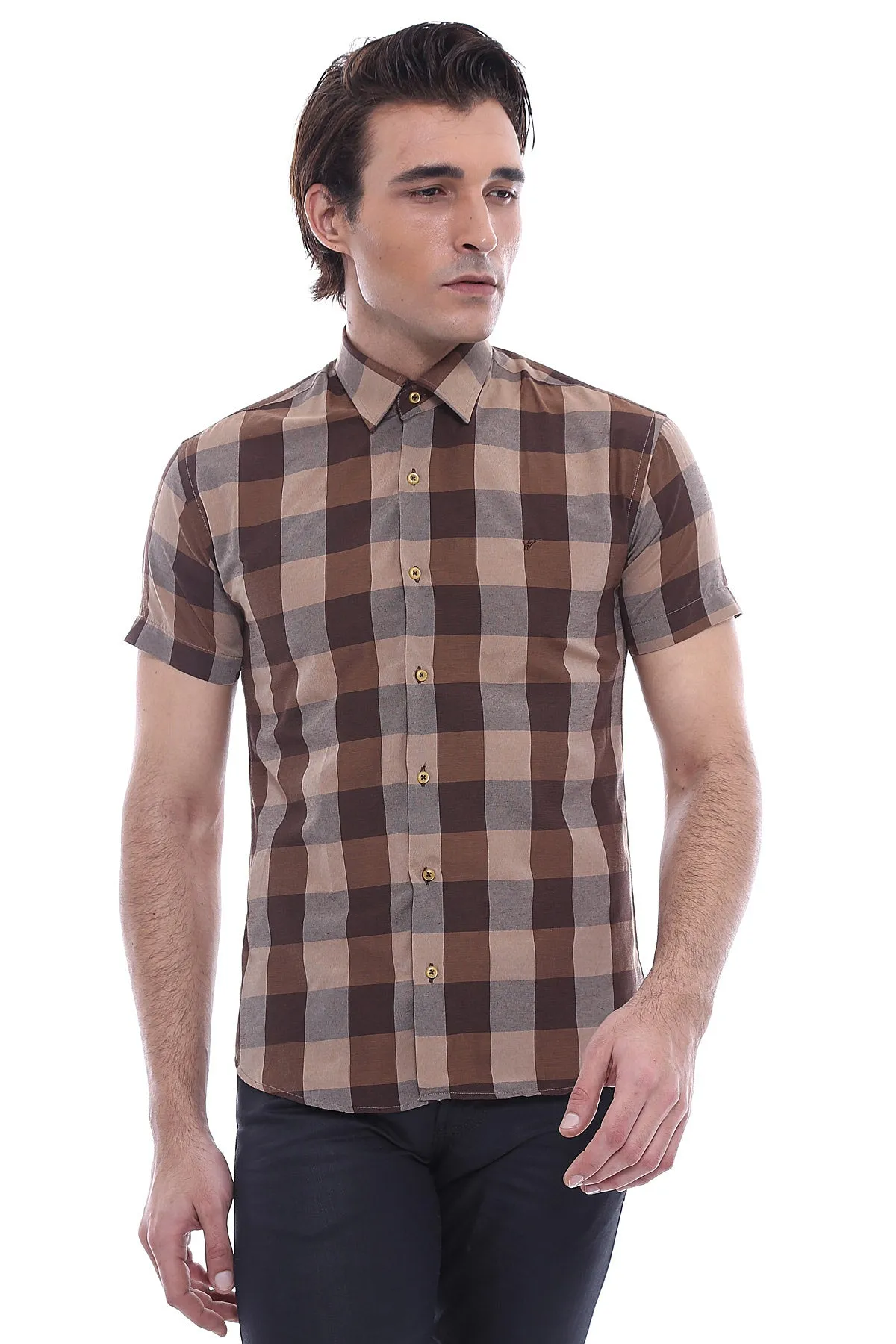 Checked Short Sleeve Brown Men Shirt - Wessi