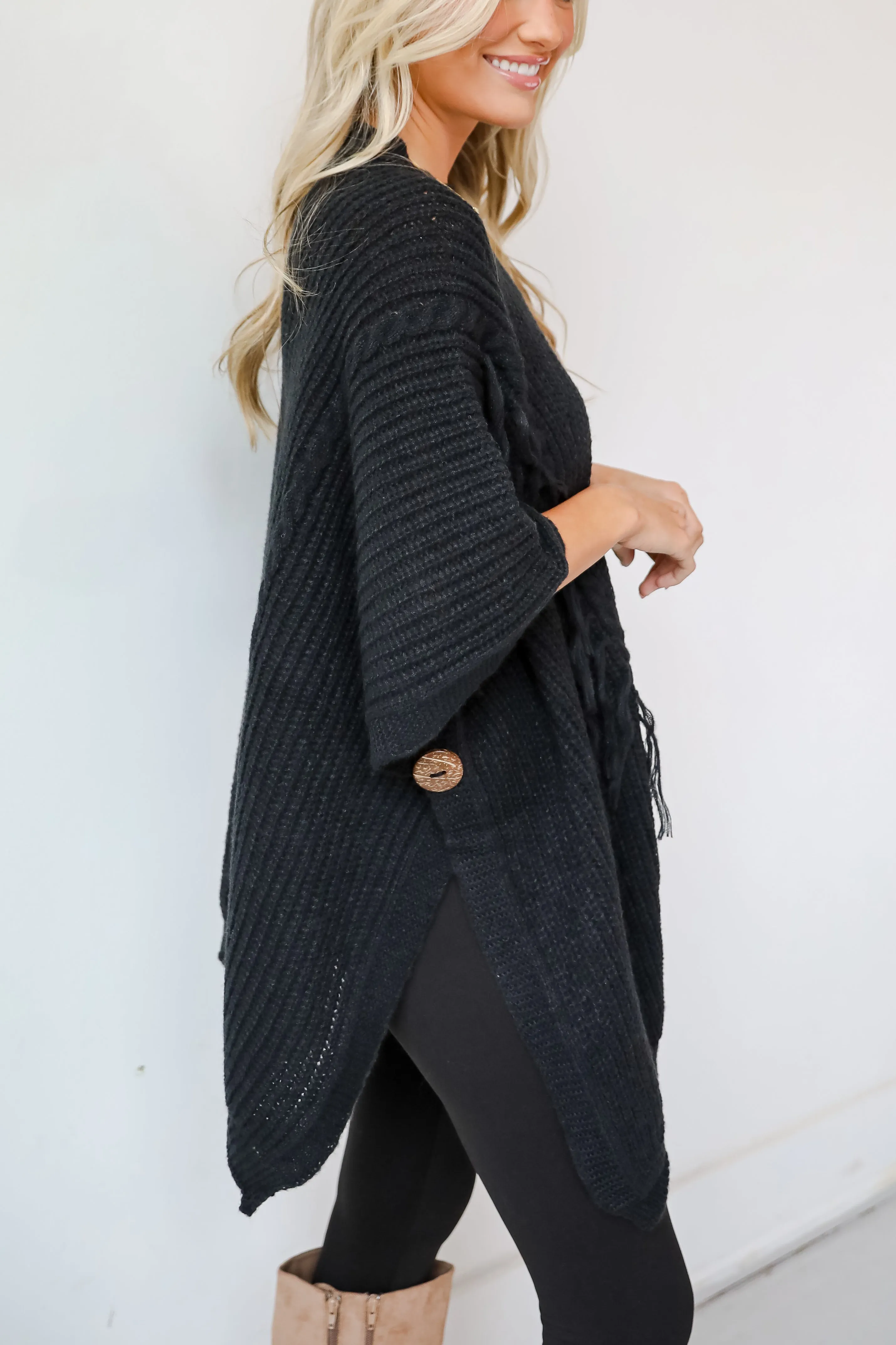 Chic Warmth Black Knit Poncho - DOORBUSTER