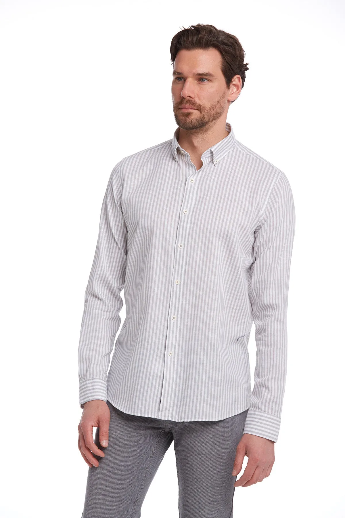 Comfort Fit Long Sleeve Pinstripe Cotton Gray Casual Shirt