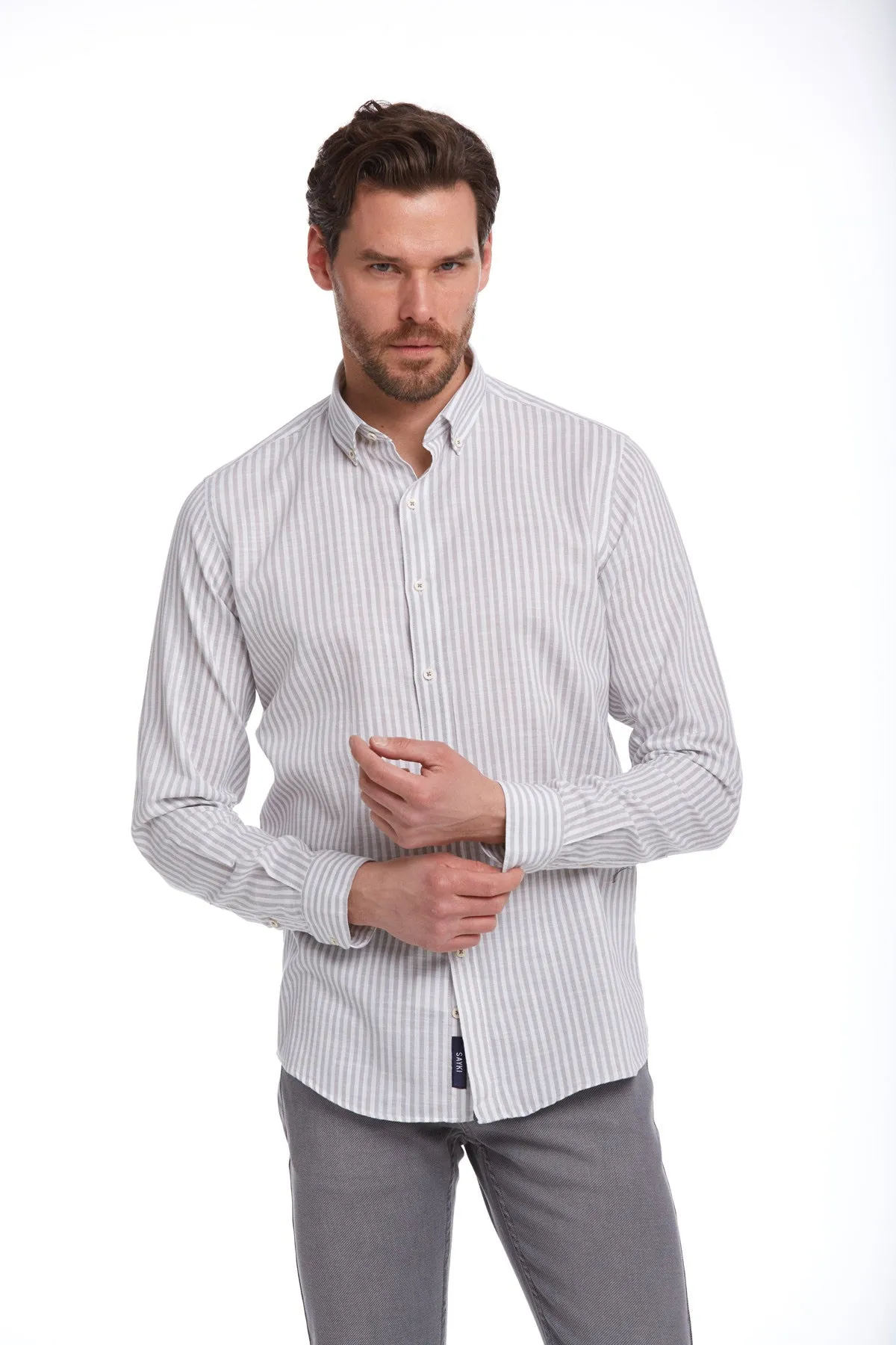 Comfort Fit Long Sleeve Pinstripe Cotton Gray Casual Shirt