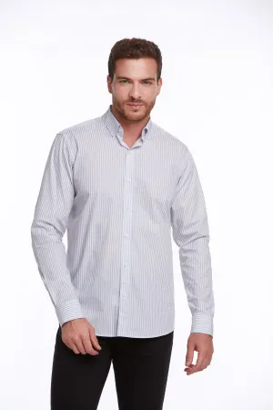 Comfort Fit Long Sleeve Striped Cotton Gray Casual Shirt