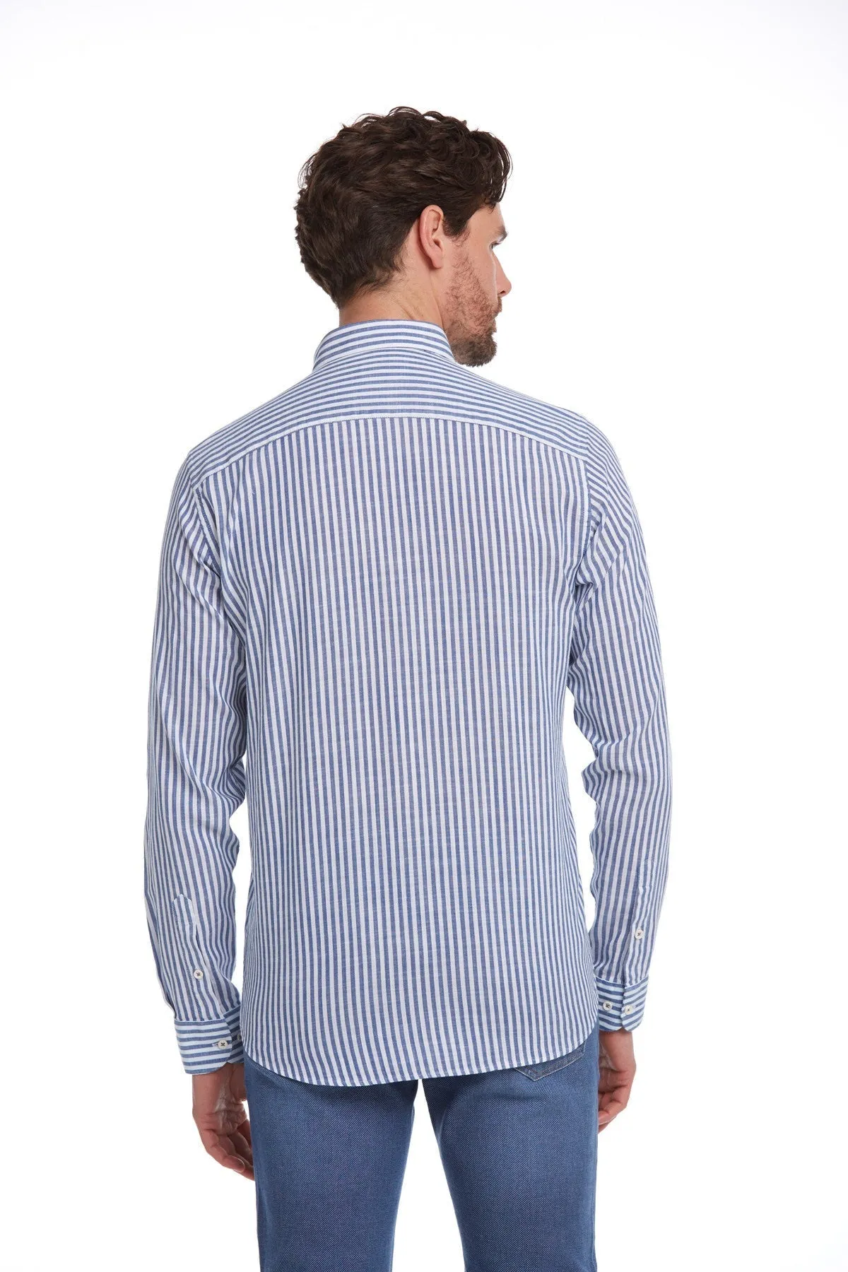 Comfort Fit Long Sleeve Striped Cotton Navy Casual Shirt