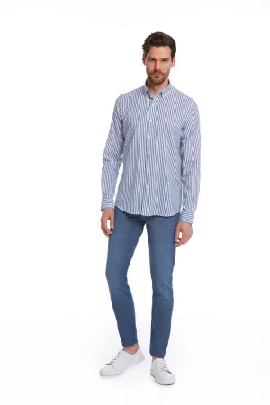 Comfort Fit Long Sleeve Striped Cotton Navy Casual Shirt