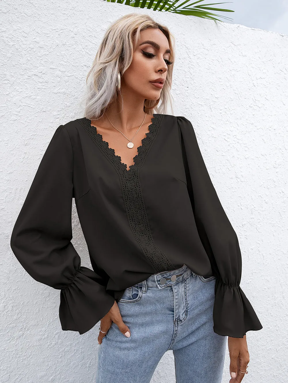 Crochet Trim Ruffle Poet Long Sleeve