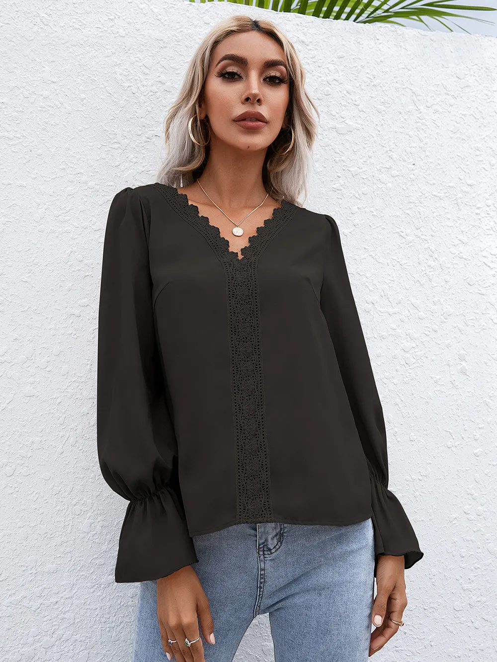 Crochet Trim Ruffle Poet Long Sleeve