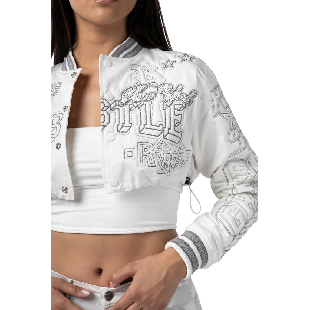 Cropped Varsity Embroidered Jacket - Snow White